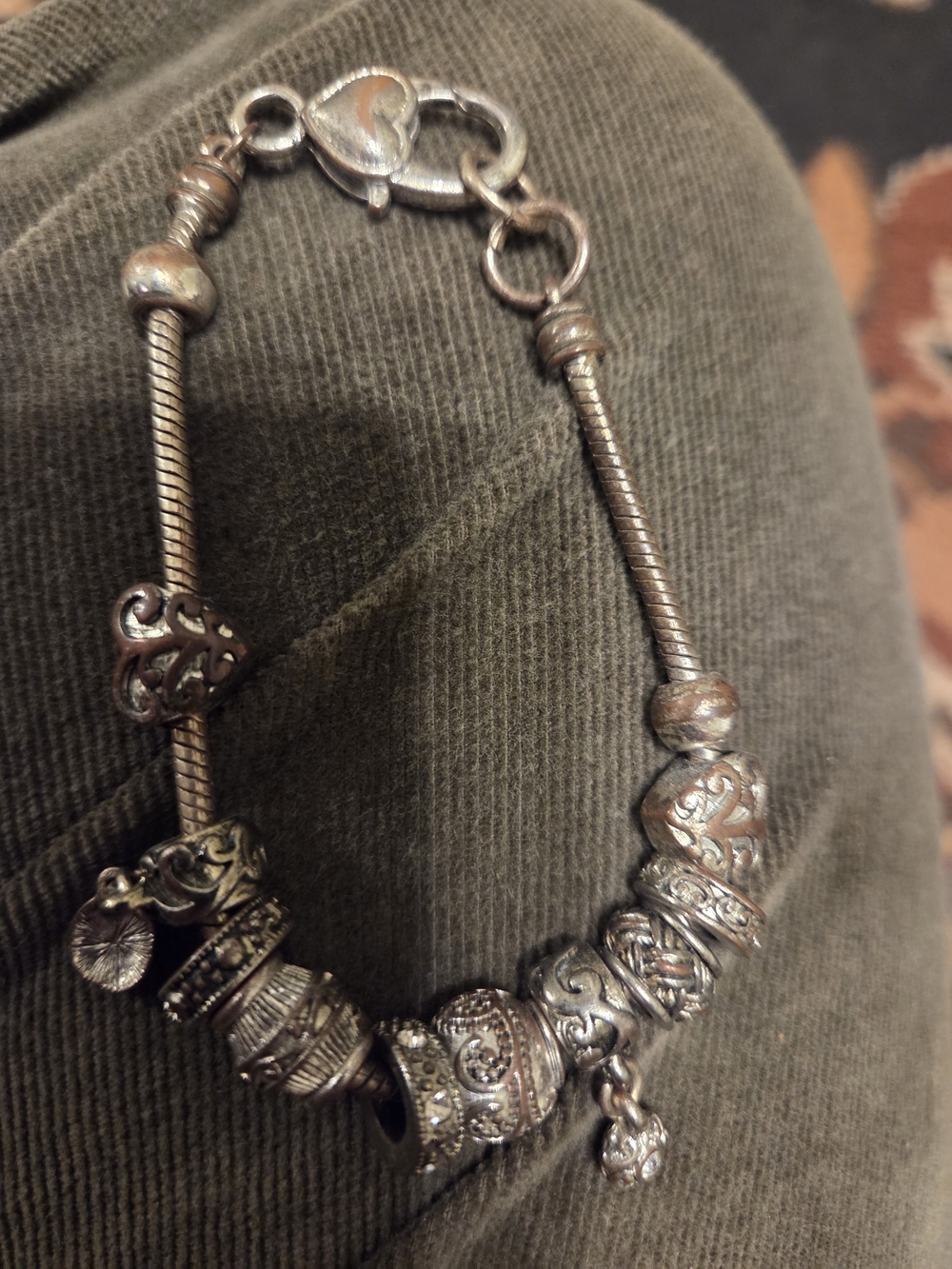 Silver Tone Charm Bracelet with Decorative Beads